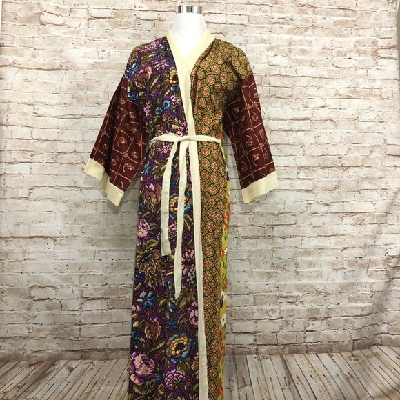 Other - Vintage Patchwork Robe Kimono Belted Boho Hippy Floral Long Made in USA WW Duke
